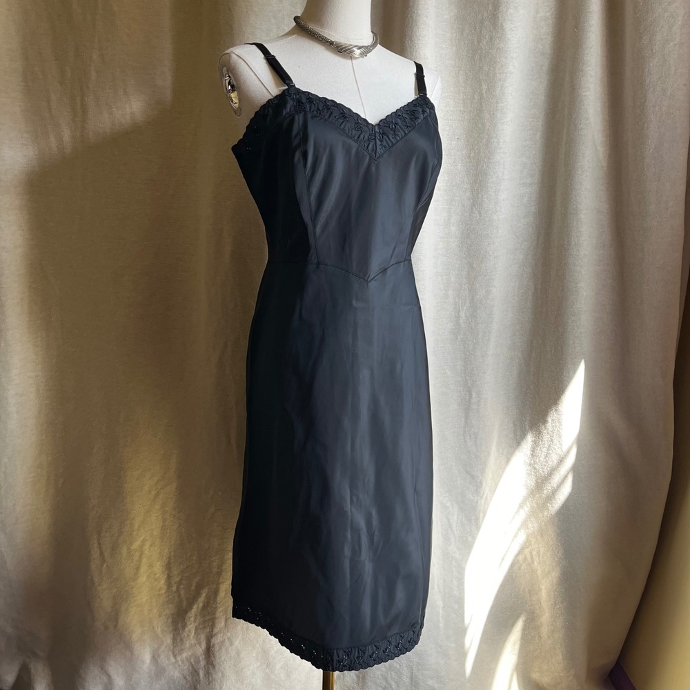 Vintage Barbizon Black Slip Dress Embroidered Trim Talon Zip XS